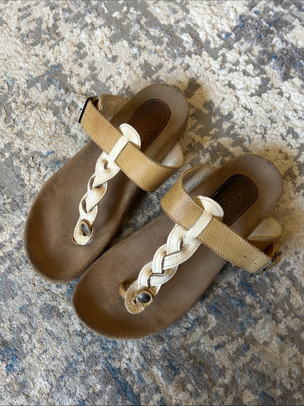 freebird Braided Tan and Cream Thong Sandals with Buckle Strap